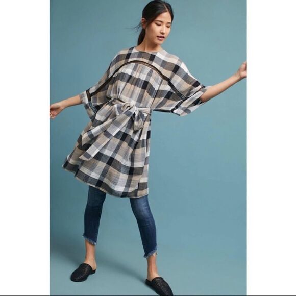 Maeve Anthropologie Plaid Kimono Tunic Dress Tie WaistTan Black Small - Picture 1 of 14
